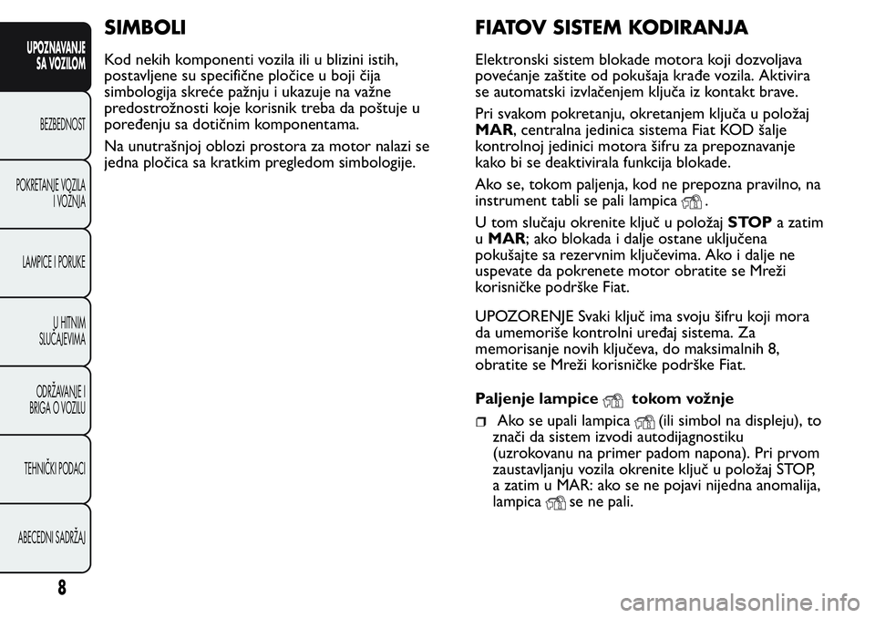 FIAT FIORINO 2017  Knjižica za upotrebu i održavanje (in Serbian) SIMBOLI
Kod nekih komponenti vozila ili u blizini istih,
postavljene su specifične pločice u boji čija
simbologija skreće pažnju i ukazuje na važne
predostrožnosti koje korisnik treba da poštu