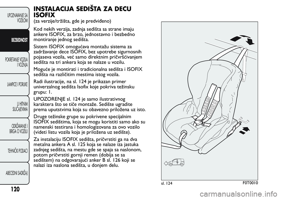 FIAT FIORINO 2017 Knjižica za upotrebu i održavanje (in Serbian) INSTALACIJA SEDIŠTA ZA DECU
ISOFIX
(za verzije/tržišta, gde je predviđeno)
Kod nekih verzija, zadnja sedišta sa strane imaju
ankere ISOFIX, za brzo, jednostavno i bezbedno
montiranje jednog sedi FIAT FIORINO 2017 Knjižica za upotrebu i održavanje (in Serbian) INSTALACIJA SEDIŠTA ZA DECU
ISOFIX
(za verzije/tržišta, gde je predviđeno)
Kod nekih verzija, zadnja sedišta sa strane imaju
ankere ISOFIX, za brzo, jednostavno i bezbedno
montiranje jednog sedi