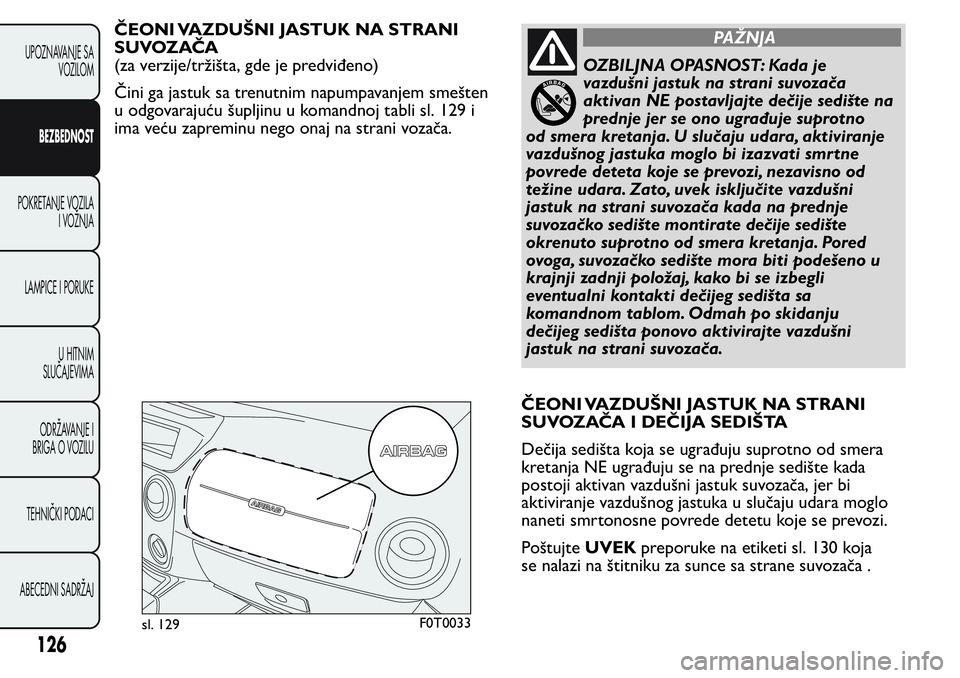 FIAT FIORINO 2017 Knjižica za upotrebu i održavanje (in Serbian) ČEONI VAZDUŠNI JASTUK NA STRANI
SUVOZAČA
(za verzije/tržišta, gde je predviđeno)
Čini ga jastuk sa trenutnim napumpavanjem smešten
u odgovarajuću šupljinu u komandnoj tabli sl. 129 i
ima ve FIAT FIORINO 2017 Knjižica za upotrebu i održavanje (in Serbian) ČEONI VAZDUŠNI JASTUK NA STRANI
SUVOZAČA
(za verzije/tržišta, gde je predviđeno)
Čini ga jastuk sa trenutnim napumpavanjem smešten
u odgovarajuću šupljinu u komandnoj tabli sl. 129 i
ima ve