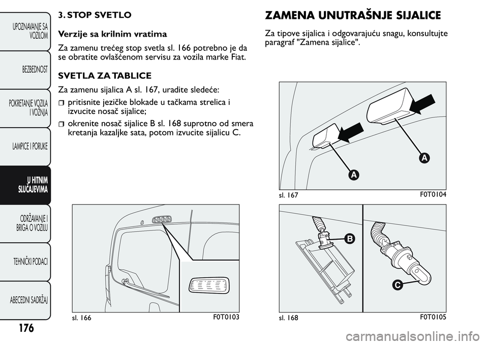 FIAT FIORINO 2017 Knjižica za upotrebu i održavanje (in Serbian) 3. STOP SVETLO
Verzije sa krilnim vratima
Za zamenu trećeg stop svetla sl. 166 potrebno je da
se obratite ovlašćenom servisu za vozila marke Fiat.
SVETLA ZA TABLICE
Za zamenu sijalica A sl. 167, ur FIAT FIORINO 2017 Knjižica za upotrebu i održavanje (in Serbian) 3. STOP SVETLO
Verzije sa krilnim vratima
Za zamenu trećeg stop svetla sl. 166 potrebno je da
se obratite ovlašćenom servisu za vozila marke Fiat.
SVETLA ZA TABLICE
Za zamenu sijalica A sl. 167, ur