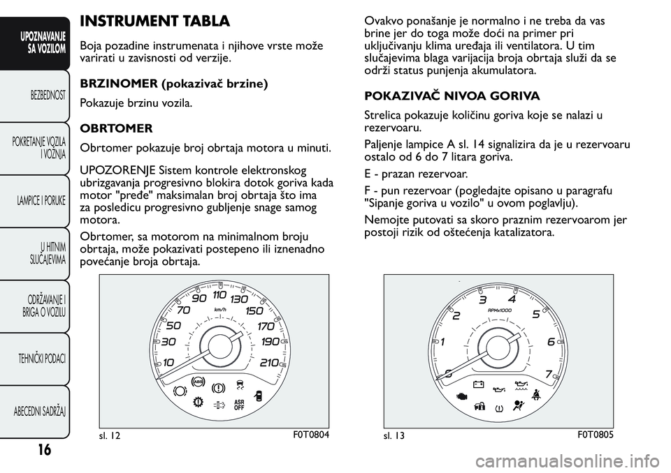 FIAT FIORINO 2017  Knjižica za upotrebu i održavanje (in Serbian) INSTRUMENT TABLA
Boja pozadine instrumenata i njihove vrste može
varirati u zavisnosti od verzije.
BRZINOMER (pokazivač brzine)
Pokazuje brzinu vozila.
OBRTOMER
Obrtomer pokazuje broj obrtaja motora
