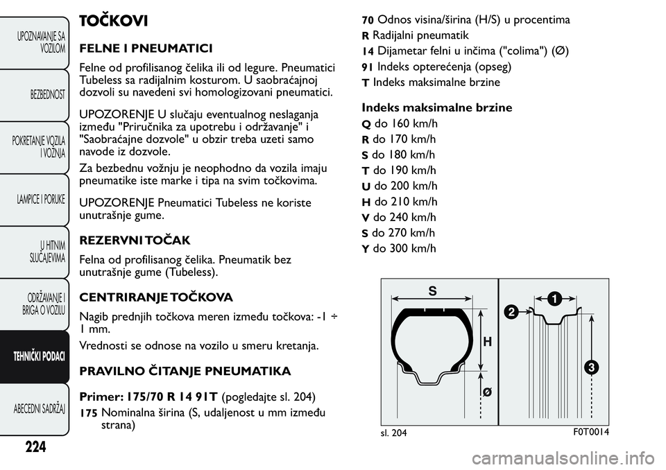 FIAT FIORINO 2017  Knjižica za upotrebu i održavanje (in Serbian) TOČKOVI
FELNE I PNEUMATICI
Felne od profilisanog čelika ili od legure. Pneumatici
Tubeless sa radijalnim kosturom. U saobraćajnoj
dozvoli su navedeni svi homologizovani pneumatici.
UPOZORENJE U slu