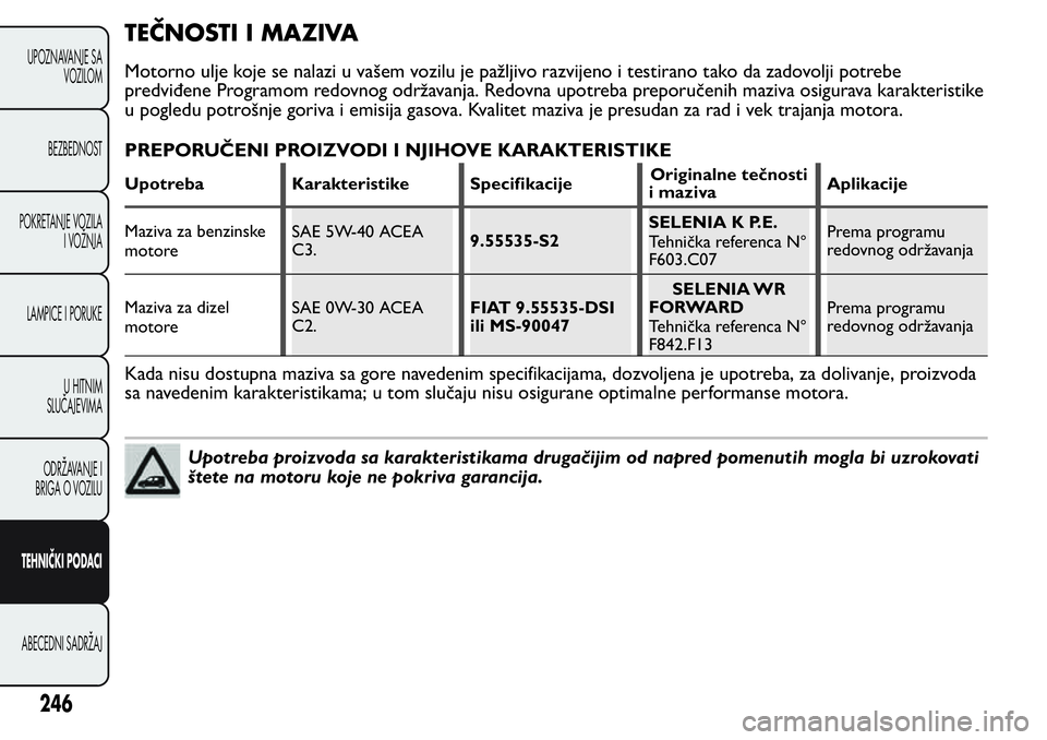 FIAT FIORINO 2017  Knjižica za upotrebu i održavanje (in Serbian) TEČNOSTI I MAZIVA
Motorno ulje koje se nalazi u vašem vozilu je pažljivo razvijeno i testirano tako da zadovolji potrebe
predviđene Programom redovnog održavanja. Redovna upotreba preporučenih m