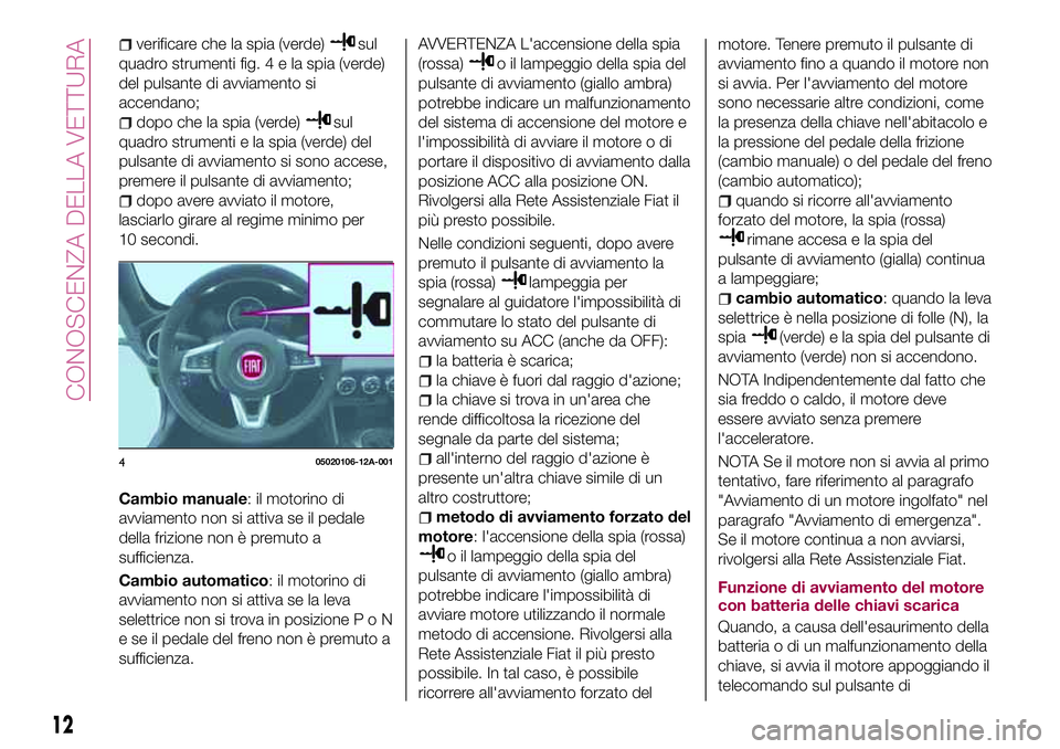 FIAT 124 SPIDER 2018 Libretto Uso Manutenzione (in Italian) verificare che la spia (verde)sul
quadro strumenti fig.4elaspia (verde)
del pulsante di avviamento si
accendano;
dopo che la spia (verde)sul
quadro strumenti e la spia (verde) del
pulsante di avviamen FIAT 124 SPIDER 2018 Libretto Uso Manutenzione (in Italian) verificare che la spia (verde)sul
quadro strumenti fig.4elaspia (verde)
del pulsante di avviamento si
accendano;
dopo che la spia (verde)sul
quadro strumenti e la spia (verde) del
pulsante di avviamen
