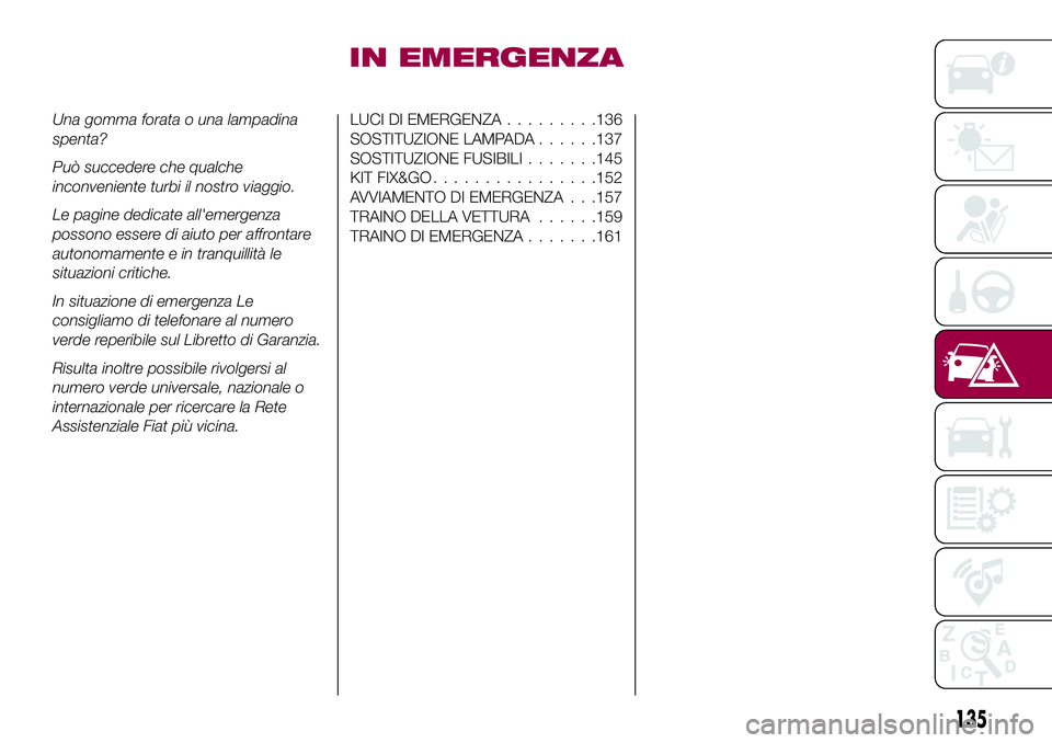 FIAT 124 SPIDER 2018 Libretto Uso Manutenzione (in Italian) IN EMERGENZA
Una gomma forata o una lampadina
spenta?
Può succedere che qualche
inconveniente turbi il nostro viaggio.
Le pagine dedicate all'emergenza
possono essere di aiuto per affrontare
auto FIAT 124 SPIDER 2018 Libretto Uso Manutenzione (in Italian) IN EMERGENZA
Una gomma forata o una lampadina
spenta?
Può succedere che qualche
inconveniente turbi il nostro viaggio.
Le pagine dedicate all'emergenza
possono essere di aiuto per affrontare
auto