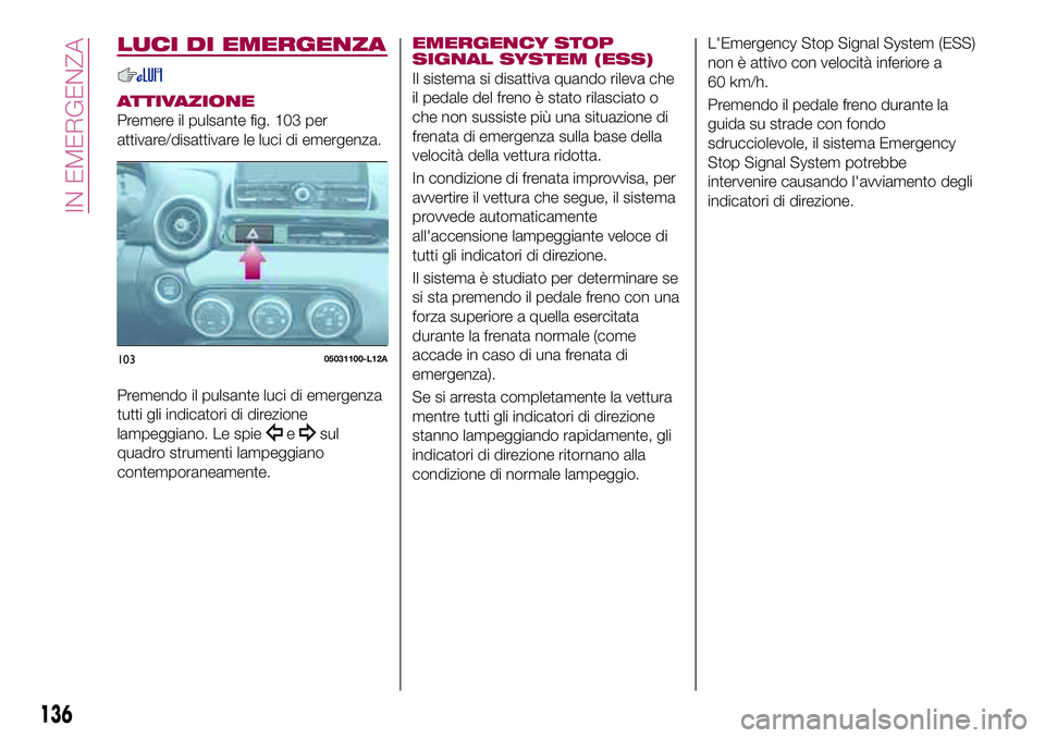 FIAT 124 SPIDER 2018 Libretto Uso Manutenzione (in Italian) LUCI DI EMERGENZA
ATTIVAZIONE
Premere il pulsante fig. 103 per
attivare/disattivare le luci di emergenza.
Premendo il pulsante luci di emergenza
tutti gli indicatori di direzione
lampeggiano. Le spie
FIAT 124 SPIDER 2018 Libretto Uso Manutenzione (in Italian) LUCI DI EMERGENZA
ATTIVAZIONE
Premere il pulsante fig. 103 per
attivare/disattivare le luci di emergenza.
Premendo il pulsante luci di emergenza
tutti gli indicatori di direzione
lampeggiano. Le spie