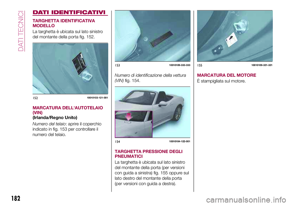 FIAT 124 SPIDER 2018 Libretto Uso Manutenzione (in Italian) DATI IDENTIFICATIVI
TARGHETTA IDENTIFICATIVA
MODELLO
La targhetta è ubicata sul lato sinistro
del montante della porta fig. 152.
MARCATURA DELL'AUTOTELAIO
(VIN)
(Irlanda/Regno Unito)
Numero del t FIAT 124 SPIDER 2018 Libretto Uso Manutenzione (in Italian) DATI IDENTIFICATIVI
TARGHETTA IDENTIFICATIVA
MODELLO
La targhetta è ubicata sul lato sinistro
del montante della porta fig. 152.
MARCATURA DELL'AUTOTELAIO
(VIN)
(Irlanda/Regno Unito)
Numero del t
