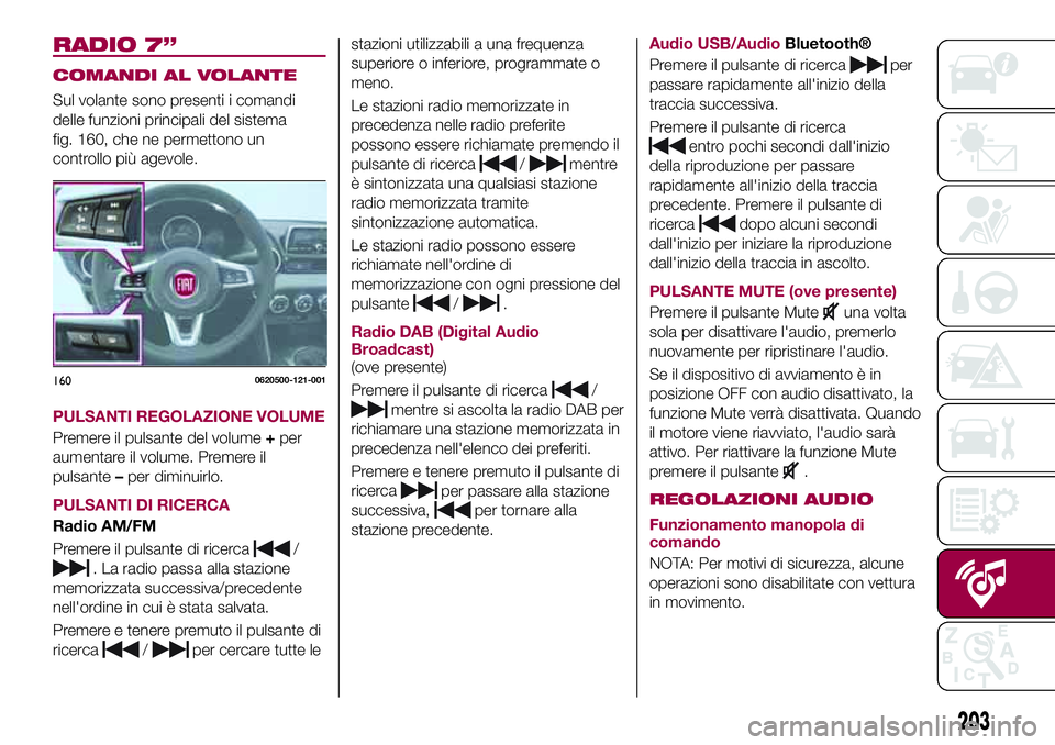 FIAT 124 SPIDER 2018 Libretto Uso Manutenzione (in Italian) RADIO 7”
COMANDI AL VOLANTE
Sul volante sono presenti i comandi
delle funzioni principali del sistema
fig. 160, che ne permettono un
controllo più agevole.
PULSANTI REGOLAZIONE VOLUME
Premere il pu FIAT 124 SPIDER 2018 Libretto Uso Manutenzione (in Italian) RADIO 7”
COMANDI AL VOLANTE
Sul volante sono presenti i comandi
delle funzioni principali del sistema
fig. 160, che ne permettono un
controllo più agevole.
PULSANTI REGOLAZIONE VOLUME
Premere il pu