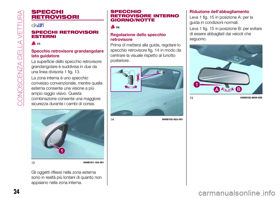 FIAT 124 SPIDER 2018 Libretto Uso Manutenzione (in Italian) SPECCHI
RETROVISORI
SPECCHI RETROVISORI
ESTERNI
37)
Specchio retrovisore grandangolare
lato guidatore
La superficie dello specchio retrovisore
grandangolare è suddivisa in due da
una linea divisoria FIAT 124 SPIDER 2018 Libretto Uso Manutenzione (in Italian) SPECCHI
RETROVISORI
SPECCHI RETROVISORI
ESTERNI
37)
Specchio retrovisore grandangolare
lato guidatore
La superficie dello specchio retrovisore
grandangolare è suddivisa in due da
una linea divisoria