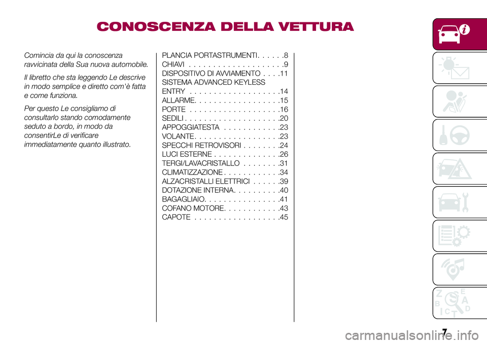 FIAT 124 SPIDER 2018  Libretto Uso Manutenzione (in Italian) CONOSCENZA DELLA VETTURA
Comincia da qui la conoscenza
ravvicinata della Sua nuova automobile.
Il libretto che sta leggendo Le descrive
in modo semplice e diretto com'è fatta
e come funziona.
Per