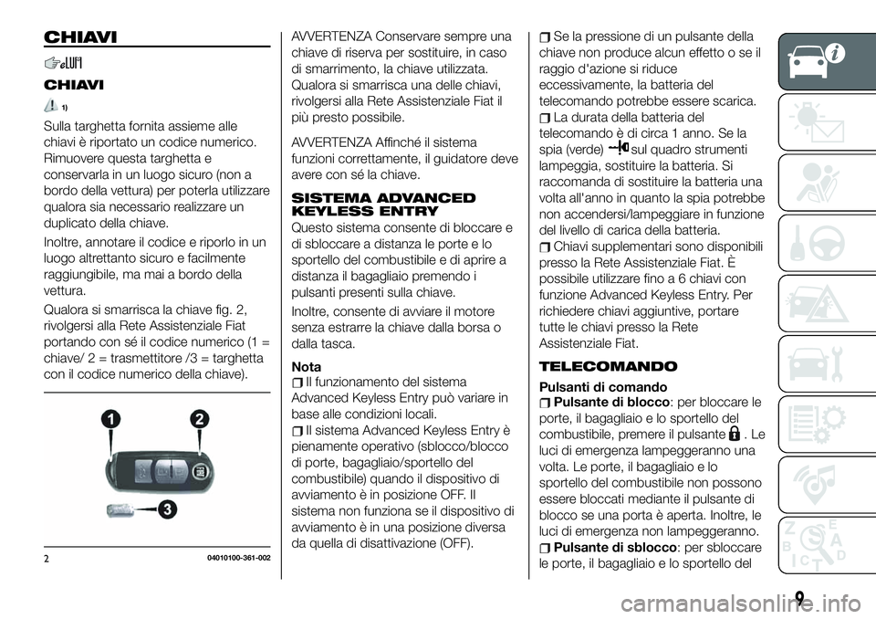 FIAT 124 SPIDER 2020 Libretto Uso Manutenzione (in Italian) CHIAVI
CHIAVI
1)
Sulla targhetta fornita assieme alle
chiavi è riportato un codice numerico.
Rimuovere questa targhetta e
conservarla in un luogo sicuro (non a
bordo della vettura) per poterla utiliz FIAT 124 SPIDER 2020 Libretto Uso Manutenzione (in Italian) CHIAVI
CHIAVI
1)
Sulla targhetta fornita assieme alle
chiavi è riportato un codice numerico.
Rimuovere questa targhetta e
conservarla in un luogo sicuro (non a
bordo della vettura) per poterla utiliz