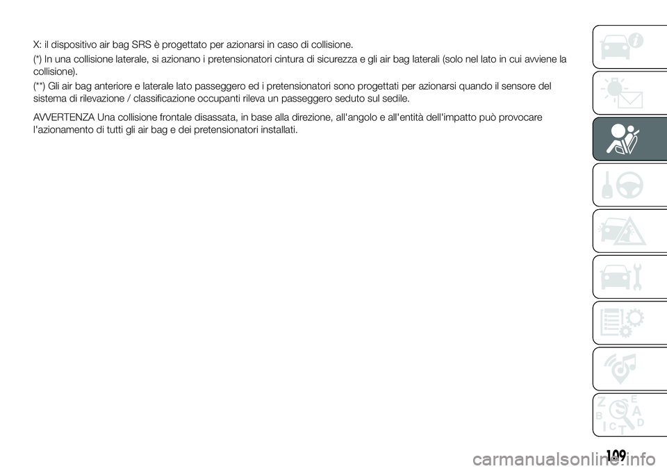 FIAT 124 SPIDER 2020 Libretto Uso Manutenzione (in Italian) X: il dispositivo air bag SRS è progettato per azionarsi in caso di collisione.
(*) In una collisione laterale, si azionano i pretensionatori cintura di sicurezza e gli air bag laterali (solo nel lat FIAT 124 SPIDER 2020 Libretto Uso Manutenzione (in Italian) X: il dispositivo air bag SRS è progettato per azionarsi in caso di collisione.
(*) In una collisione laterale, si azionano i pretensionatori cintura di sicurezza e gli air bag laterali (solo nel lat