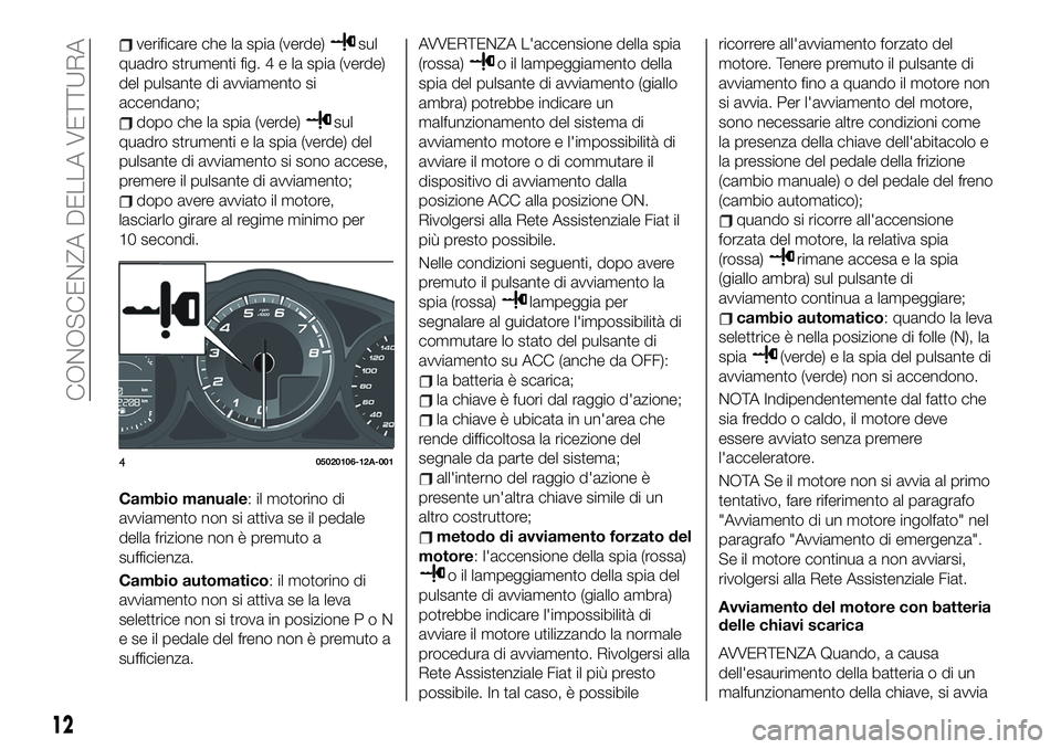 FIAT 124 SPIDER 2020 Libretto Uso Manutenzione (in Italian) verificare che la spia (verde)sul
quadro strumenti fig.4elaspia (verde)
del pulsante di avviamento si
accendano;
dopo che la spia (verde)sul
quadro strumenti e la spia (verde) del
pulsante di avviamen FIAT 124 SPIDER 2020 Libretto Uso Manutenzione (in Italian) verificare che la spia (verde)sul
quadro strumenti fig.4elaspia (verde)
del pulsante di avviamento si
accendano;
dopo che la spia (verde)sul
quadro strumenti e la spia (verde) del
pulsante di avviamen