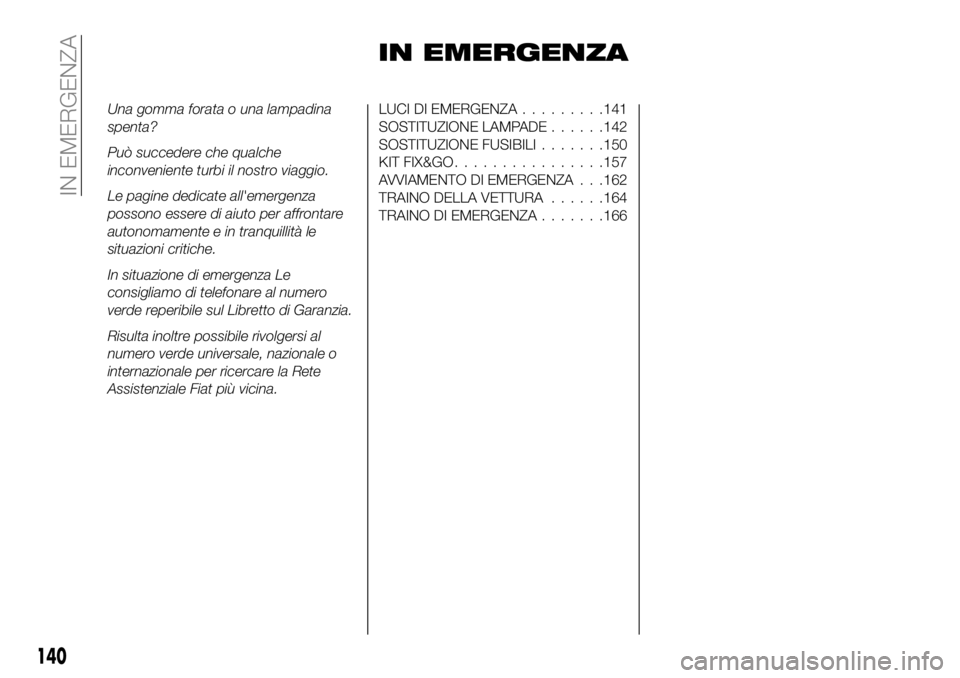 FIAT 124 SPIDER 2020  Libretto Uso Manutenzione (in Italian) IN EMERGENZA
Una gomma forata o una lampadina
spenta?
Può succedere che qualche
inconveniente turbi il nostro viaggio.
Le pagine dedicate all'emergenza
possono essere di aiuto per affrontare
auto