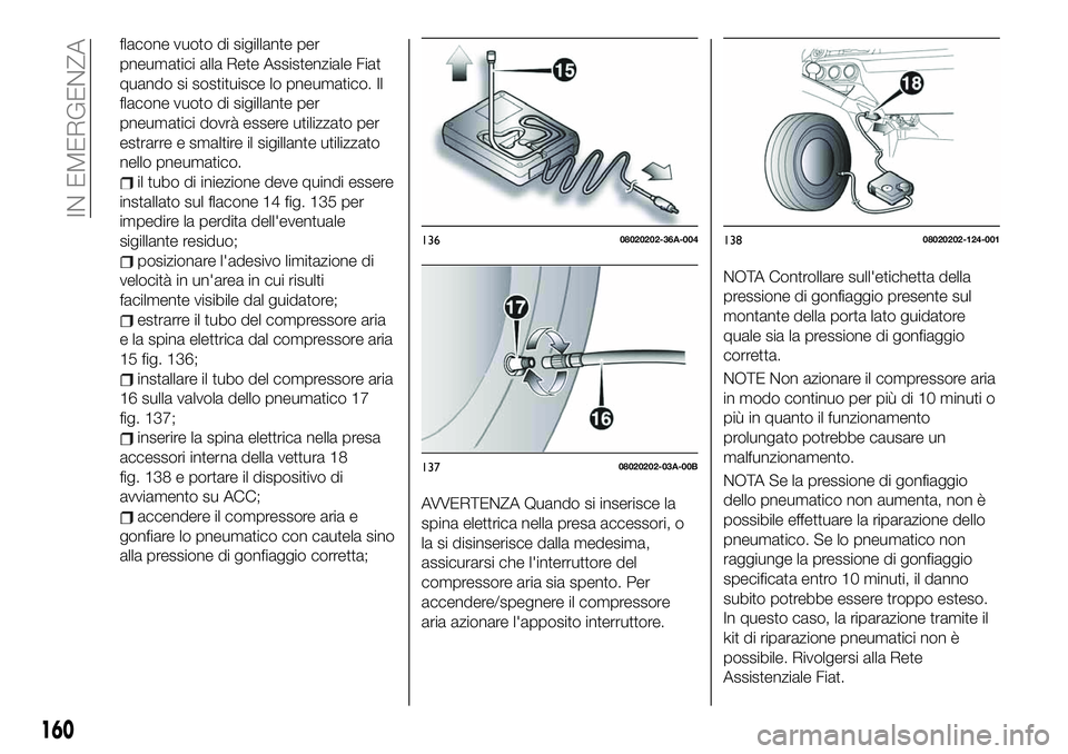 FIAT 124 SPIDER 2019 Libretto Uso Manutenzione (in Italian) flacone vuoto di sigillante per
pneumatici alla Rete Assistenziale Fiat
quando si sostituisce lo pneumatico. Il
flacone vuoto di sigillante per
pneumatici dovrà essere utilizzato per
estrarre e smalt FIAT 124 SPIDER 2019 Libretto Uso Manutenzione (in Italian) flacone vuoto di sigillante per
pneumatici alla Rete Assistenziale Fiat
quando si sostituisce lo pneumatico. Il
flacone vuoto di sigillante per
pneumatici dovrà essere utilizzato per
estrarre e smalt
