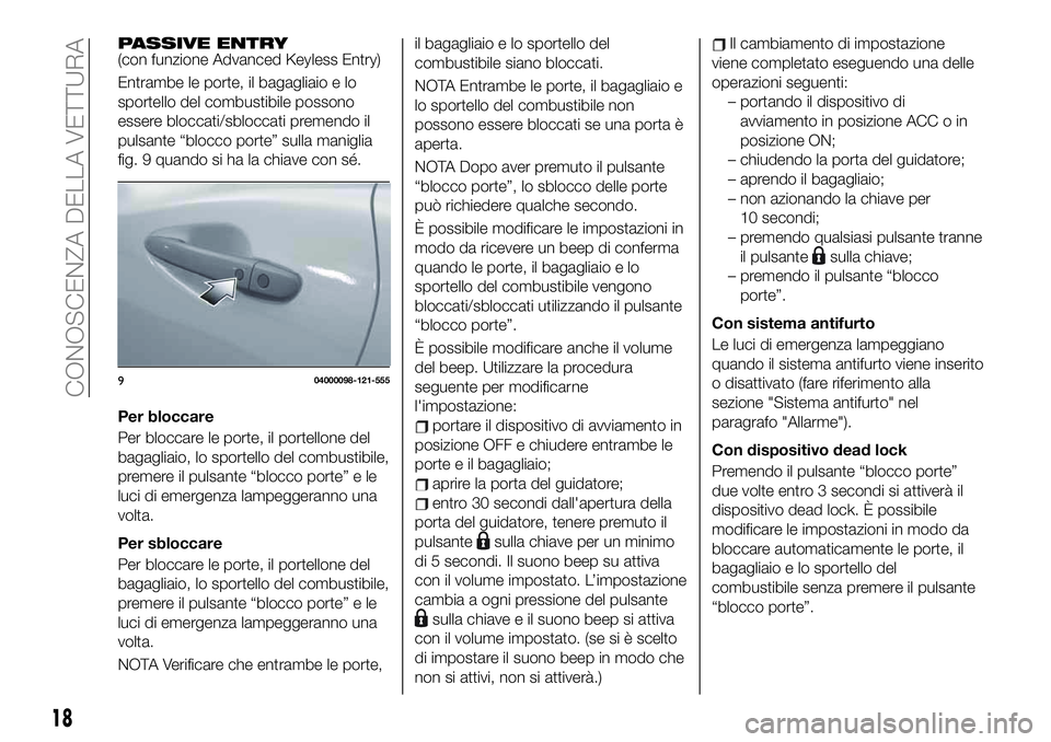 FIAT 124 SPIDER 2020 Libretto Uso Manutenzione (in Italian) PASSIVE ENTRY(con funzione Advanced Keyless Entry)
Entrambe le porte, il bagagliaio e lo
sportello del combustibile possono
essere bloccati/sbloccati premendo il
pulsante “blocco porte” sulla mani FIAT 124 SPIDER 2020 Libretto Uso Manutenzione (in Italian) PASSIVE ENTRY(con funzione Advanced Keyless Entry)
Entrambe le porte, il bagagliaio e lo
sportello del combustibile possono
essere bloccati/sbloccati premendo il
pulsante “blocco porte” sulla mani