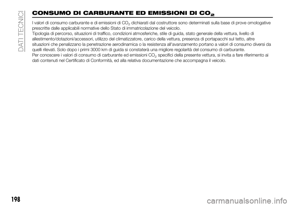 FIAT 124 SPIDER 2019 Libretto Uso Manutenzione (in Italian) 198
DATI TECNICI
CONSUMO DI CARBURANTE ED EMISSIONI DI CO2
I valori di consumo carburante e di emissioni di CO2dichiarati dal costruttore sono determinati sulla base di prove omologative
prescritte da FIAT 124 SPIDER 2019 Libretto Uso Manutenzione (in Italian) 198
DATI TECNICI
CONSUMO DI CARBURANTE ED EMISSIONI DI CO2
I valori di consumo carburante e di emissioni di CO2dichiarati dal costruttore sono determinati sulla base di prove omologative
prescritte da