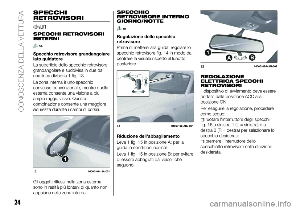 FIAT 124 SPIDER 2020 Libretto Uso Manutenzione (in Italian) SPECCHI
RETROVISORI
SPECCHI RETROVISORI
ESTERNI
38)
Specchio retrovisore grandangolare
lato guidatore
La superficie dello specchio retrovisore
grandangolare è suddivisa in due da
una linea divisoria FIAT 124 SPIDER 2020 Libretto Uso Manutenzione (in Italian) SPECCHI
RETROVISORI
SPECCHI RETROVISORI
ESTERNI
38)
Specchio retrovisore grandangolare
lato guidatore
La superficie dello specchio retrovisore
grandangolare è suddivisa in due da
una linea divisoria
