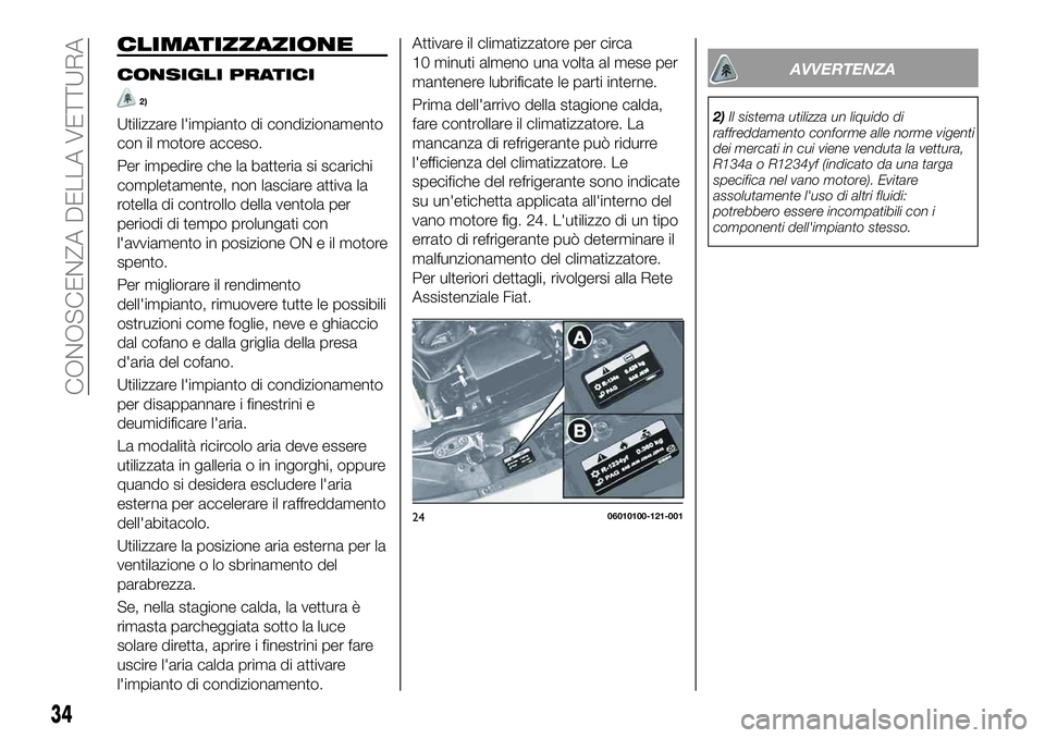 FIAT 124 SPIDER 2020 Libretto Uso Manutenzione (in Italian) CLIMATIZZAZIONE
CONSIGLI PRATICI
2)
Utilizzare l'impianto di condizionamento
con il motore acceso.
Per impedire che la batteria si scarichi
completamente, non lasciare attiva la
rotella di control FIAT 124 SPIDER 2020 Libretto Uso Manutenzione (in Italian) CLIMATIZZAZIONE
CONSIGLI PRATICI
2)
Utilizzare l'impianto di condizionamento
con il motore acceso.
Per impedire che la batteria si scarichi
completamente, non lasciare attiva la
rotella di control