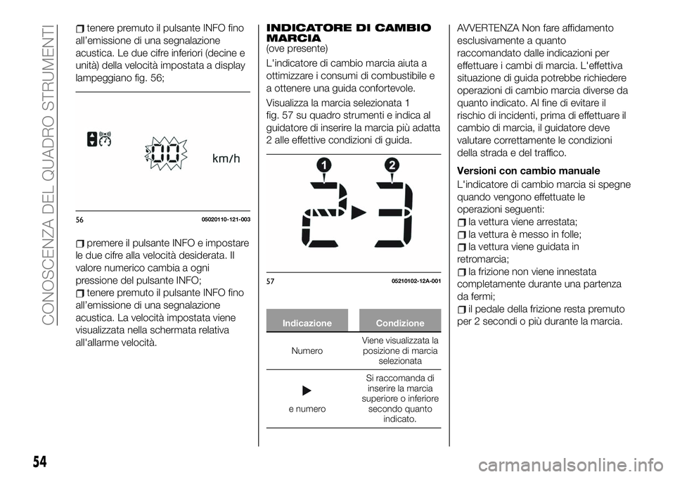 FIAT 124 SPIDER 2019 Libretto Uso Manutenzione (in Italian) tenere premuto il pulsante INFO fino
all’emissione di una segnalazione
acustica. Le due cifre inferiori (decine e
unità) della velocità impostata a display
lampeggiano fig. 56;
premere il pulsante FIAT 124 SPIDER 2019 Libretto Uso Manutenzione (in Italian) tenere premuto il pulsante INFO fino
all’emissione di una segnalazione
acustica. Le due cifre inferiori (decine e
unità) della velocità impostata a display
lampeggiano fig. 56;
premere il pulsante