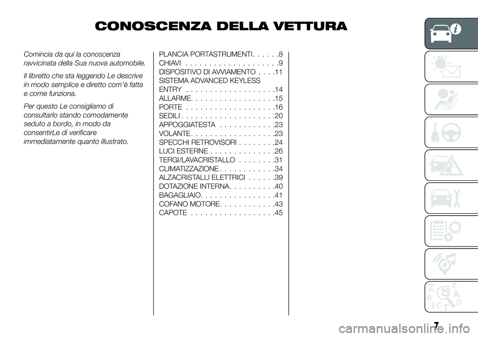 FIAT 124 SPIDER 2020 Libretto Uso Manutenzione (in Italian) CONOSCENZA DELLA VETTURA
Comincia da qui la conoscenza
ravvicinata della Sua nuova automobile.
Il libretto che sta leggendo Le descrive
in modo semplice e diretto com'è fatta
e come funziona.
Per FIAT 124 SPIDER 2020 Libretto Uso Manutenzione (in Italian) CONOSCENZA DELLA VETTURA
Comincia da qui la conoscenza
ravvicinata della Sua nuova automobile.
Il libretto che sta leggendo Le descrive
in modo semplice e diretto com'è fatta
e come funziona.
Per