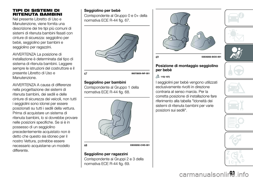 FIAT 124 SPIDER 2020 Libretto Uso Manutenzione (in Italian) TIPI DI SISTEMI DI
RITENUTA BAMBINI
Nel presente Libretto di Uso e
Manutenzione, viene fornita una
descrizione dei tre tipi più comuni di
sistemi di ritenuta bambini fissati con
cinture di sicurezza: FIAT 124 SPIDER 2020 Libretto Uso Manutenzione (in Italian) TIPI DI SISTEMI DI
RITENUTA BAMBINI
Nel presente Libretto di Uso e
Manutenzione, viene fornita una
descrizione dei tre tipi più comuni di
sistemi di ritenuta bambini fissati con
cinture di sicurezza: