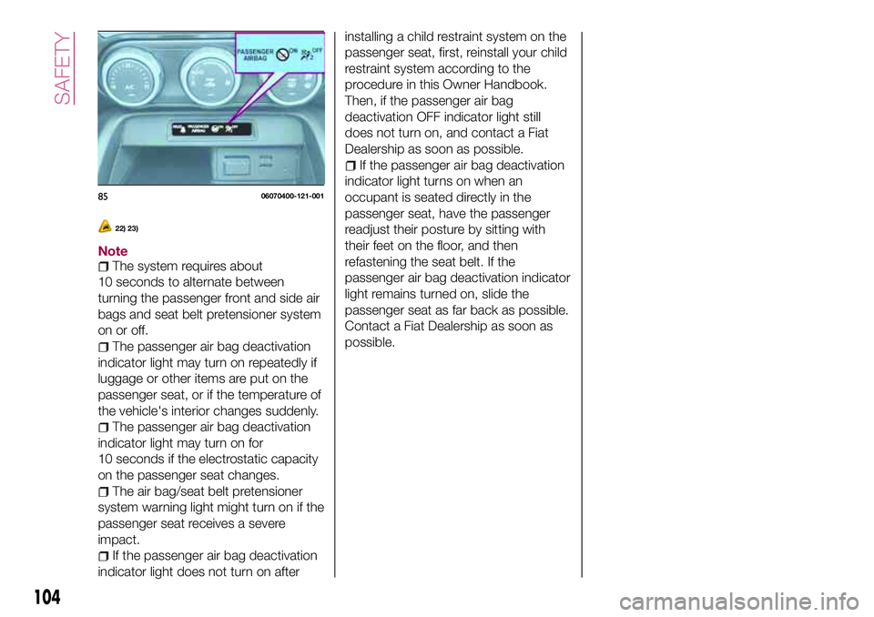 FIAT 124 SPIDER 2018 Owner handbook (in English) 22) 23)
NoteThe system requires about
10 seconds to alternate between
turning the passenger front and side air
bags and seat belt pretensioner system
on or off.
The passenger air bag deactivation
indi FIAT 124 SPIDER 2018 Owner handbook (in English) 22) 23)
NoteThe system requires about
10 seconds to alternate between
turning the passenger front and side air
bags and seat belt pretensioner system
on or off.
The passenger air bag deactivation
indi