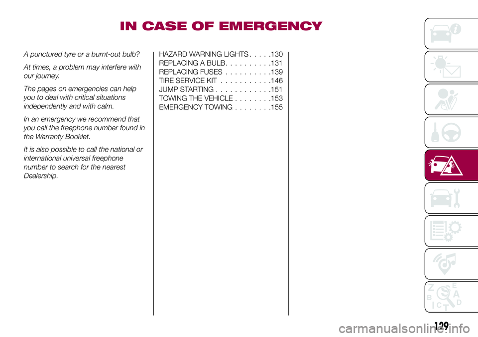 FIAT 124 SPIDER 2018 Owner handbook (in English) IN CASE OF EMERGENCY
A punctured tyre or a burnt-out bulb?
At times, a problem may interfere with
our journey.
The pages on emergencies can help
you to deal with critical situations
independently and FIAT 124 SPIDER 2018 Owner handbook (in English) IN CASE OF EMERGENCY
A punctured tyre or a burnt-out bulb?
At times, a problem may interfere with
our journey.
The pages on emergencies can help
you to deal with critical situations
independently and