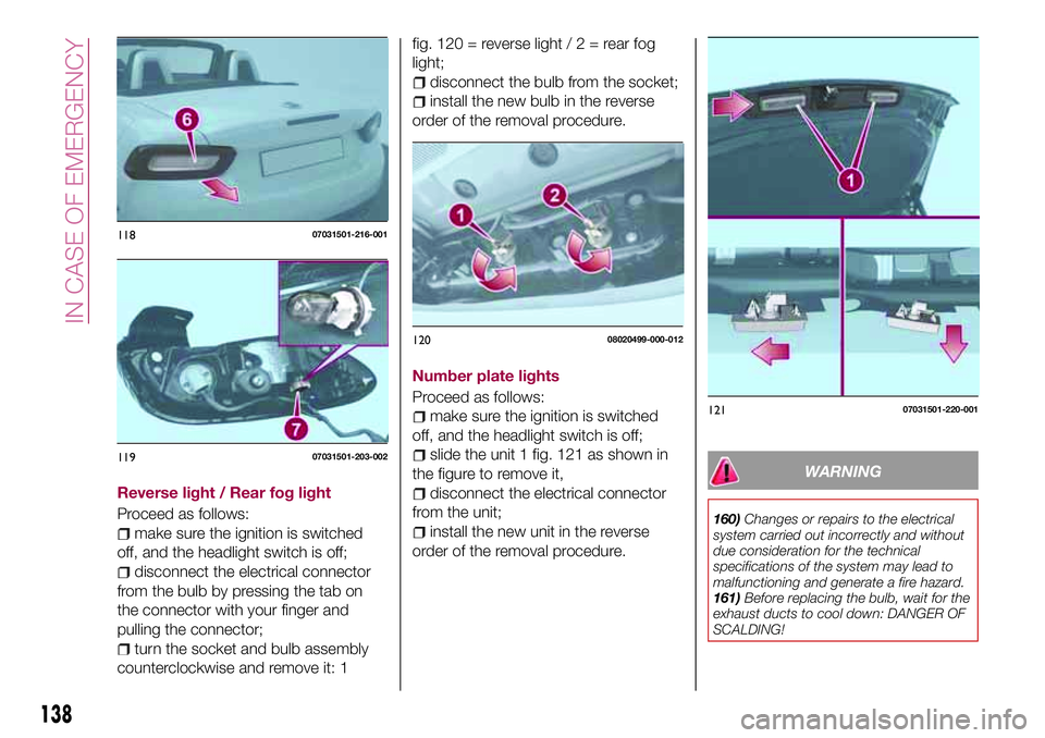 FIAT 124 SPIDER 2018 Owner handbook (in English) Reverse light / Rear fog light
Proceed as follows:
make sure the ignition is switched
off, and the headlight switch is off;
disconnect the electrical connector
from the bulb by pressing the tab on
the FIAT 124 SPIDER 2018 Owner handbook (in English) Reverse light / Rear fog light
Proceed as follows:
make sure the ignition is switched
off, and the headlight switch is off;
disconnect the electrical connector
from the bulb by pressing the tab on
the