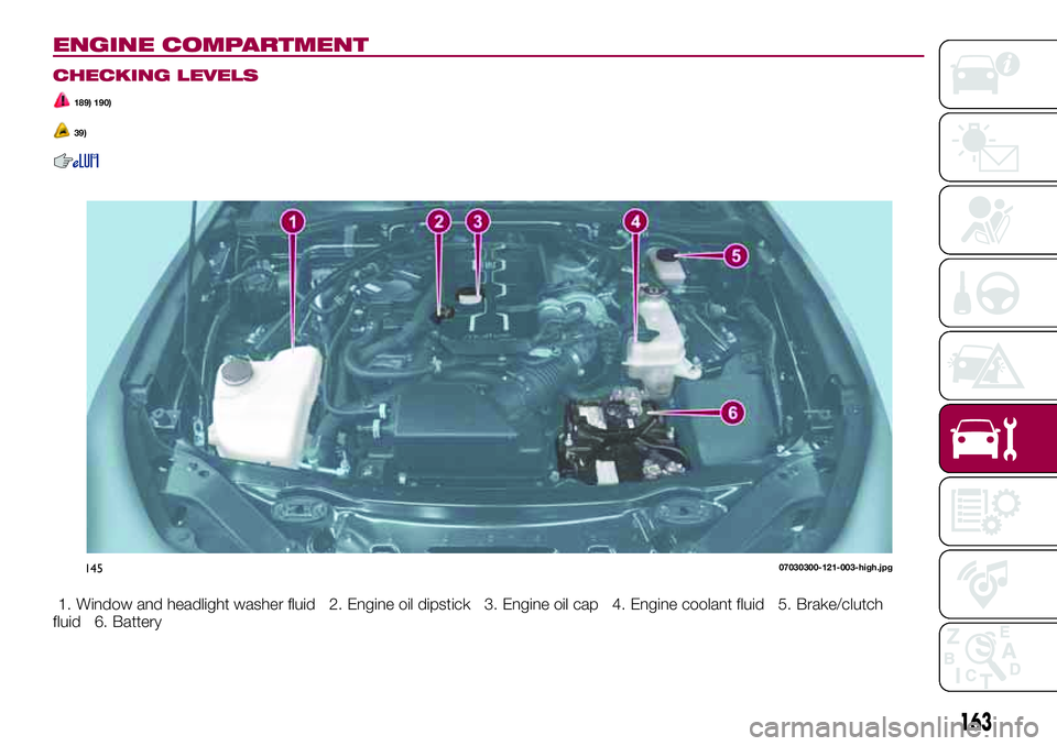 FIAT 124 SPIDER 2018 Owner handbook (in English) ENGINE COMPARTMENT
CHECKING LEVELS
189) 190)
39)
1. Window and headlight washer fluid 2. Engine oil dipstick 3. Engine oil cap 4. Engine coolant fluid 5. Brake/clutch
fluid 6. Battery
14507030300-121- FIAT 124 SPIDER 2018 Owner handbook (in English) ENGINE COMPARTMENT
CHECKING LEVELS
189) 190)
39)
1. Window and headlight washer fluid 2. Engine oil dipstick 3. Engine oil cap 4. Engine coolant fluid 5. Brake/clutch
fluid 6. Battery
14507030300-121-