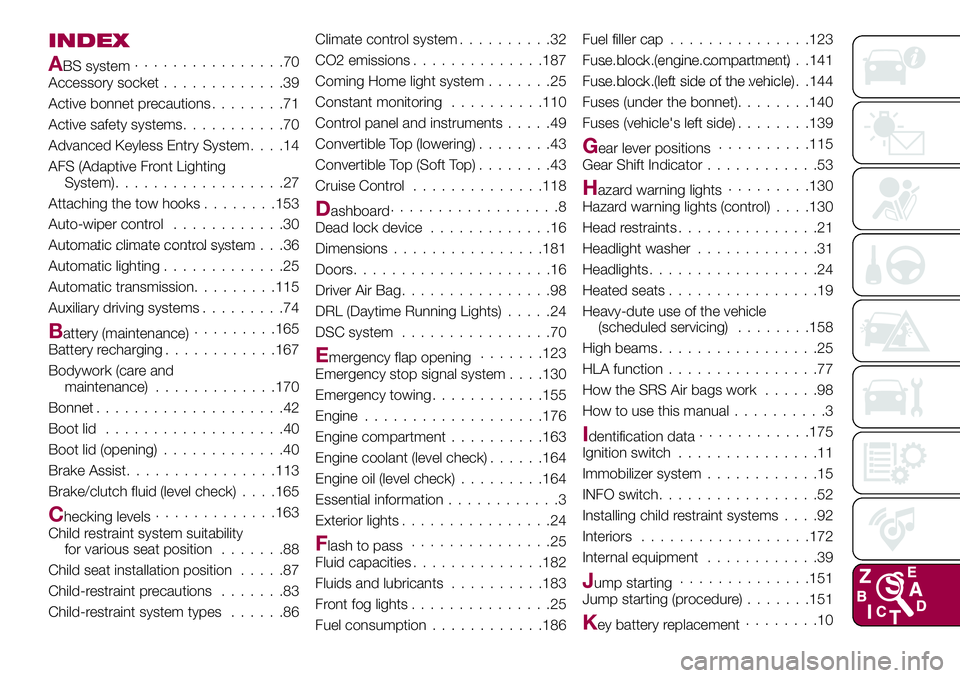 FIAT 124 SPIDER 2018 Owner handbook (in English) INDEX
ABS system................70
Accessory socket.............39
Active bonnet precautions........71
Active safety systems...........70
Advanced Keyless Entry System....14
AFS (Adaptive Front Lighti FIAT 124 SPIDER 2018 Owner handbook (in English) INDEX
ABS system................70
Accessory socket.............39
Active bonnet precautions........71
Active safety systems...........70
Advanced Keyless Entry System....14
AFS (Adaptive Front Lighti
