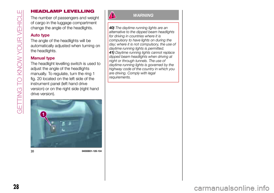 FIAT 124 SPIDER 2018 Owner handbook (in English) HEADLAMP LEVELLING
The number of passengers and weight
of cargo in the luggage compartment
change the angle of the headlights.
Auto type
The angle of the headlights will be
automatically adjusted when FIAT 124 SPIDER 2018 Owner handbook (in English) HEADLAMP LEVELLING
The number of passengers and weight
of cargo in the luggage compartment
change the angle of the headlights.
Auto type
The angle of the headlights will be
automatically adjusted when