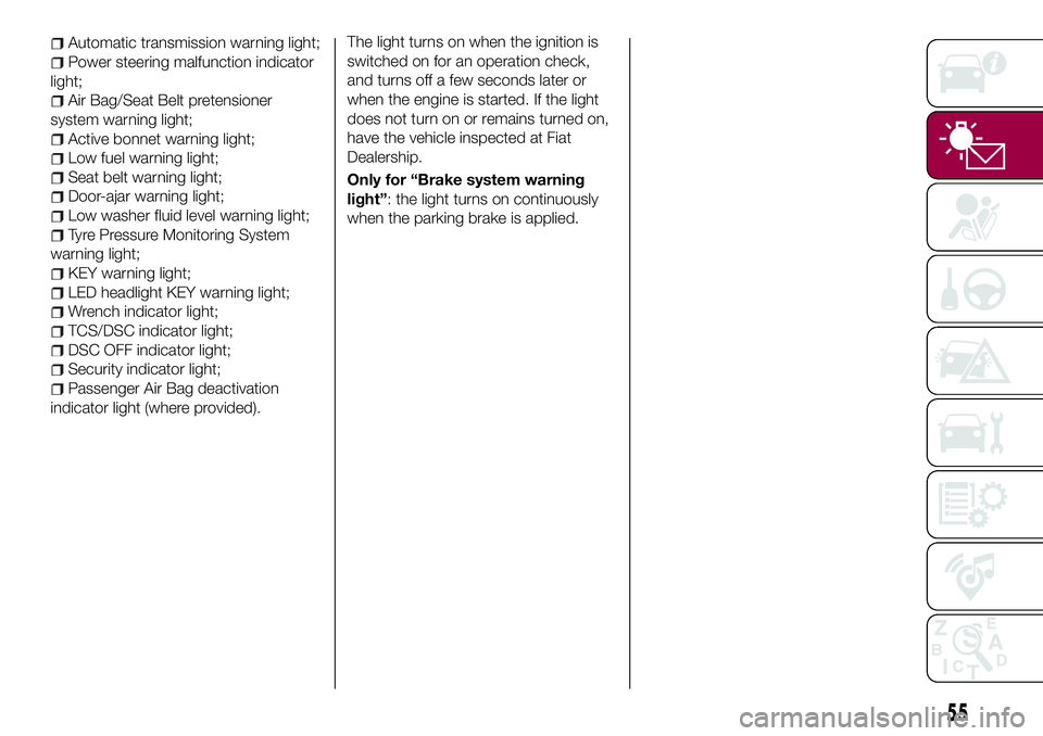 FIAT 124 SPIDER 2018 Owner handbook (in English) The light turns on when the ignition is
switched on for an operation check,
and turns off a few seconds later or
when the engine is started. If the light
does not turn on or remains turned on,
have th FIAT 124 SPIDER 2018 Owner handbook (in English) The light turns on when the ignition is
switched on for an operation check,
and turns off a few seconds later or
when the engine is started. If the light
does not turn on or remains turned on,
have th