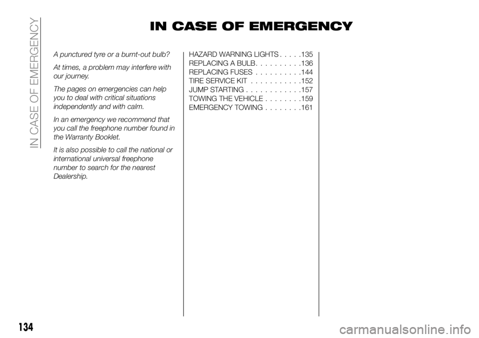 FIAT 124 SPIDER 2021 Owner handbook (in English) IN CASE OF EMERGENCY
A punctured tyre or a burnt-out bulb?
At times, a problem may interfere with
our journey.
The pages on emergencies can help
you to deal with critical situations
independently and FIAT 124 SPIDER 2021 Owner handbook (in English) IN CASE OF EMERGENCY
A punctured tyre or a burnt-out bulb?
At times, a problem may interfere with
our journey.
The pages on emergencies can help
you to deal with critical situations
independently and