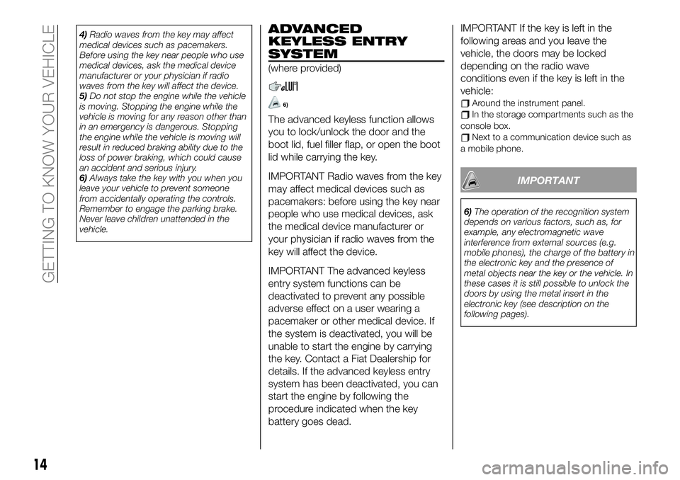 FIAT 124 SPIDER 2021  Owner handbook (in English) 4)Radio waves from the key may affect
medical devices such as pacemakers.
Before using the key near people who use
medical devices, ask the medical device
manufacturer or your physician if radio
waves