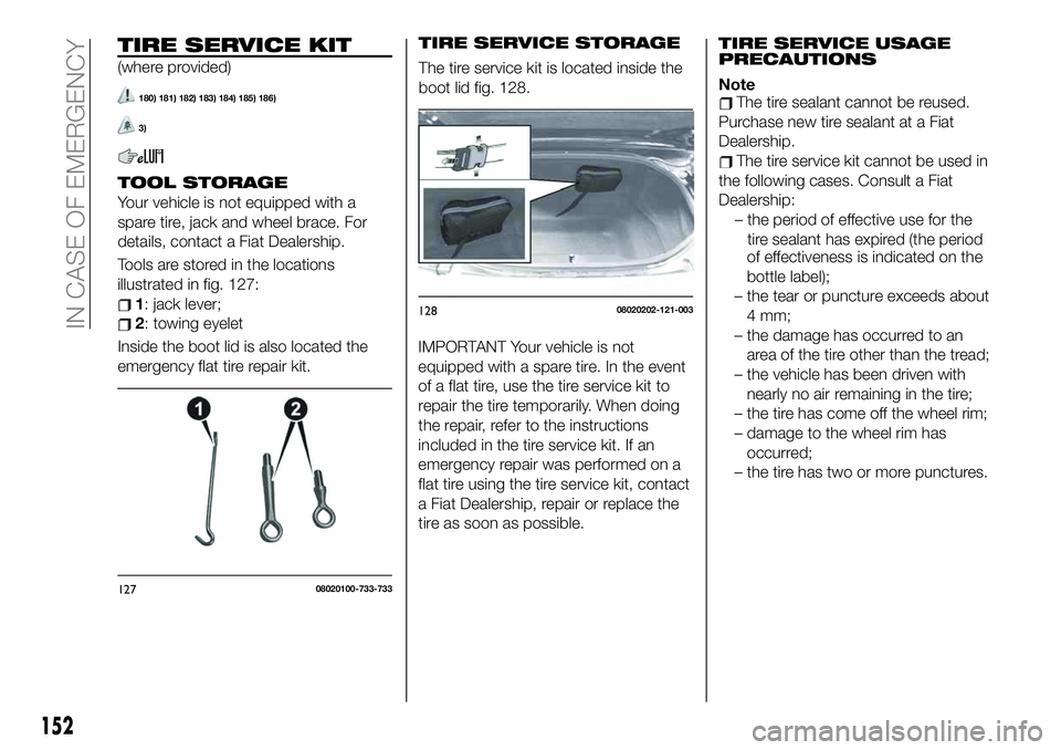 FIAT 124 SPIDER 2021 Owner handbook (in English) TIRE SERVICE KIT
(where provided)
180) 181) 182) 183) 184) 185) 186)
3)
TOOL STORAGE
Your vehicle is not equipped with a
spare tire, jack and wheel brace. For
details, contact a Fiat Dealership.
Tools FIAT 124 SPIDER 2021 Owner handbook (in English) TIRE SERVICE KIT
(where provided)
180) 181) 182) 183) 184) 185) 186)
3)
TOOL STORAGE
Your vehicle is not equipped with a
spare tire, jack and wheel brace. For
details, contact a Fiat Dealership.
Tools