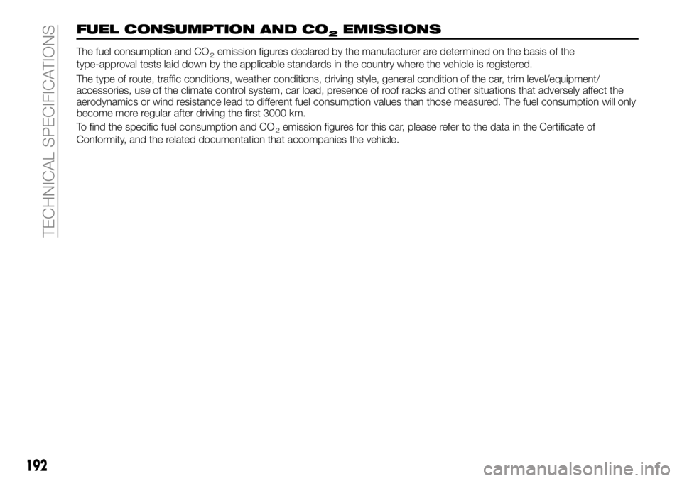 FIAT 124 SPIDER 2021 Owner handbook (in English) 192
TECHNICAL SPECIFICATIONS
FUEL CONSUMPTION AND CO2EMISSIONS
The fuel consumption and CO2emission figures declared by the manufacturer are determined on the basis of the
type-approval tests laid dow FIAT 124 SPIDER 2021 Owner handbook (in English) 192
TECHNICAL SPECIFICATIONS
FUEL CONSUMPTION AND CO2EMISSIONS
The fuel consumption and CO2emission figures declared by the manufacturer are determined on the basis of the
type-approval tests laid dow