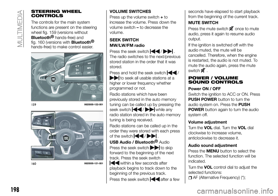 FIAT 124 SPIDER 2021  Owner handbook (in English) STEERING WHEEL
CONTROLS
The controls for the main system
functions are present on the steering
wheel fig. 159 (versions without
Bluetooth®
hands-free) and
fig. 160 (versions with
Bluetooth®
hands-fr