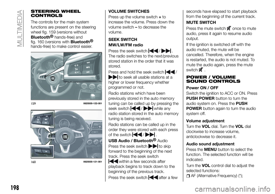 FIAT 124 SPIDER 2021 Owner handbook (in English) STEERING WHEEL
CONTROLS
The controls for the main system
functions are present on the steering
wheel fig. 159 (versions without
Bluetooth®
hands-free) and
fig. 160 (versions with
Bluetooth®
hands-fr FIAT 124 SPIDER 2021 Owner handbook (in English) STEERING WHEEL
CONTROLS
The controls for the main system
functions are present on the steering
wheel fig. 159 (versions without
Bluetooth®
hands-free) and
fig. 160 (versions with
Bluetooth®
hands-fr