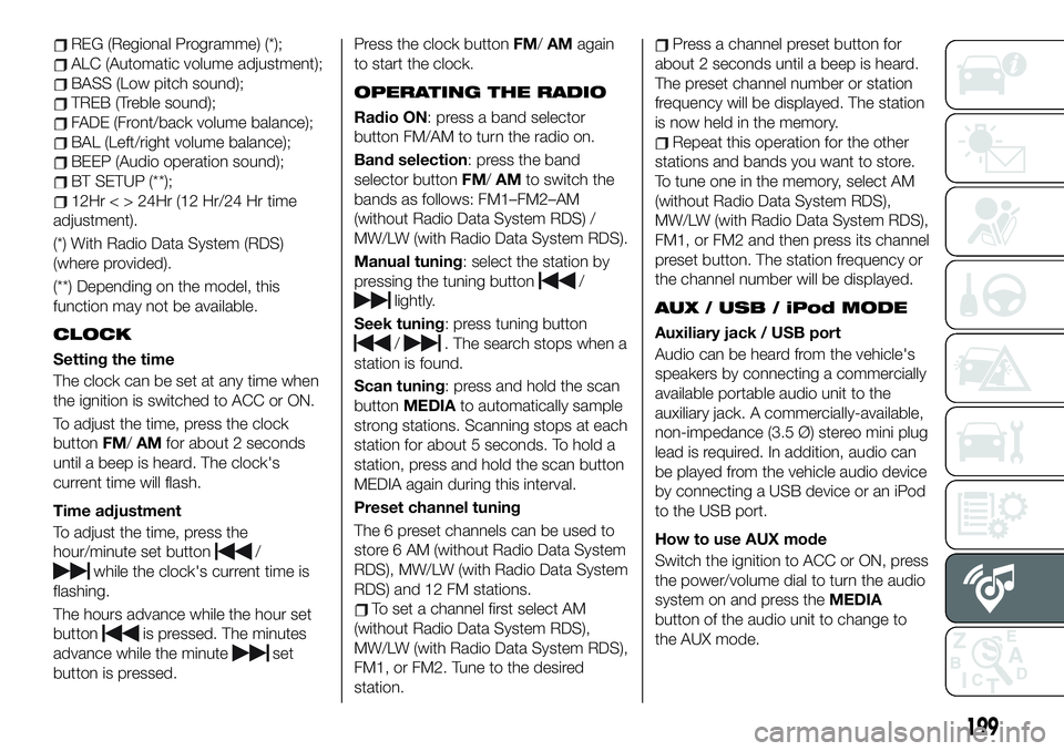 FIAT 124 SPIDER 2021 Owner handbook (in English) REG (Regional Programme) (*);
ALC (Automatic volume adjustment);
BASS (Low pitch sound);
TREB (Treble sound);
FADE (Front/back volume balance);
BAL (Left/right volume balance);
BEEP (Audio operation s FIAT 124 SPIDER 2021 Owner handbook (in English) REG (Regional Programme) (*);
ALC (Automatic volume adjustment);
BASS (Low pitch sound);
TREB (Treble sound);
FADE (Front/back volume balance);
BAL (Left/right volume balance);
BEEP (Audio operation s