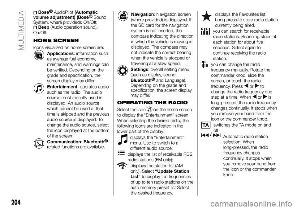 FIAT 124 SPIDER 2020  Owner handbook (in English) Bose®
AudioPilot(Automatic
volume adjustment) (Bose®
Sound
System, where provided): On/Off;
Beep(Audio operation sound):
On/Off.
HOME SCREEN
Icons visualized on home screen are:
Applications: inform