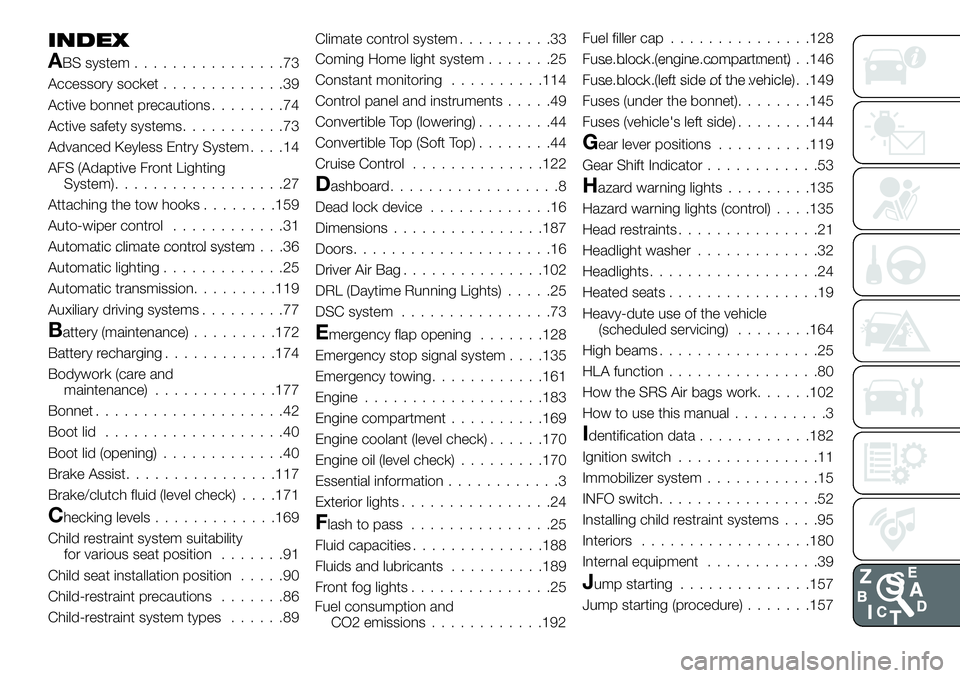 FIAT 124 SPIDER 2021  Owner handbook (in English) INDEX
ABS system................73
Accessory socket.............39
Active bonnet precautions........74
Active safety systems...........73
Advanced Keyless Entry System....14
AFS (Adaptive Front Lighti