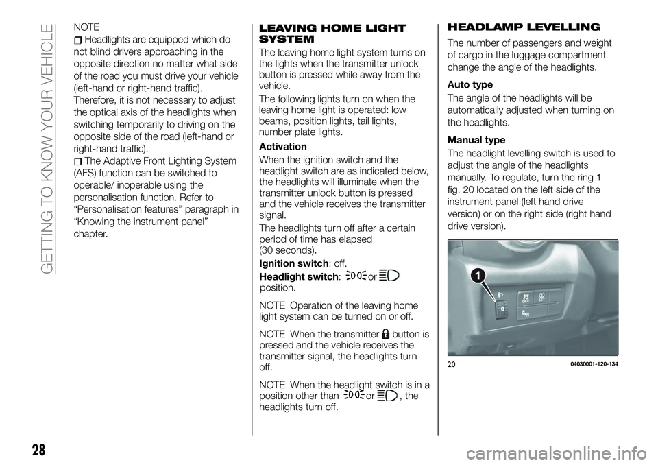 FIAT 124 SPIDER 2021  Owner handbook (in English) NOTE
Headlights are equipped which do
not blind drivers approaching in the
opposite direction no matter what side
of the road you must drive your vehicle
(left-hand or right-hand traffic).
Therefore, 