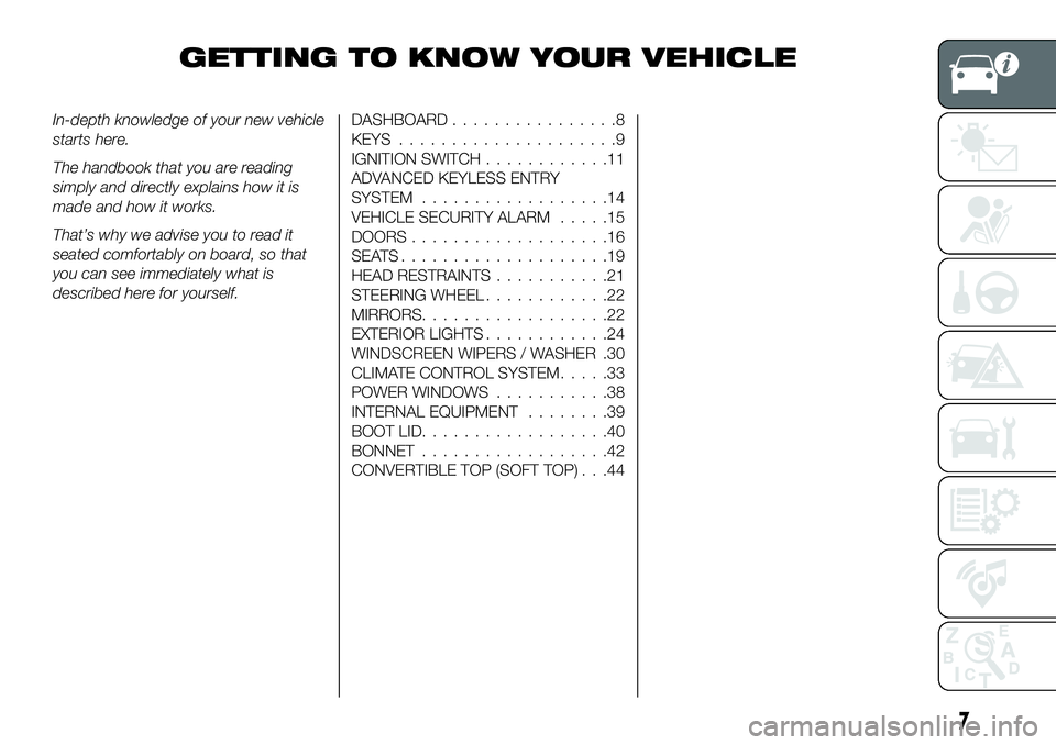 FIAT 124 SPIDER 2019 Owner handbook (in English) GETTING TO KNOW YOUR VEHICLE
In-depth knowledge of your new vehicle
starts here.
The handbook that you are reading
simply and directly explains how it is
made and how it works.
That’s why we advise FIAT 124 SPIDER 2019 Owner handbook (in English) GETTING TO KNOW YOUR VEHICLE
In-depth knowledge of your new vehicle
starts here.
The handbook that you are reading
simply and directly explains how it is
made and how it works.
That’s why we advise