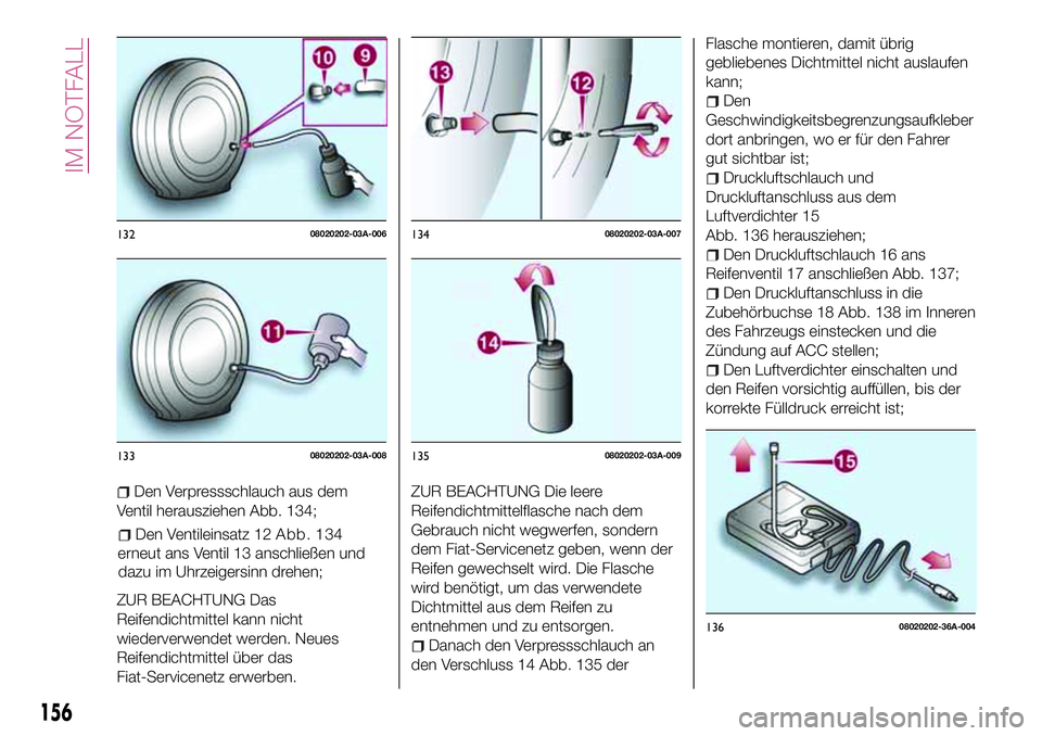 FIAT 124 SPIDER 2018  Betriebsanleitung (in German) Den Verpressschlauch aus dem
Ventil herausziehen Abb. 134;
ZUR BEACHTUNG Das
Reifendichtmittel kann nicht
wiederverwendet werden. Neues
Reifendichtmittel über das
Fiat-Servicenetz erwerben.ZUR BEACHT