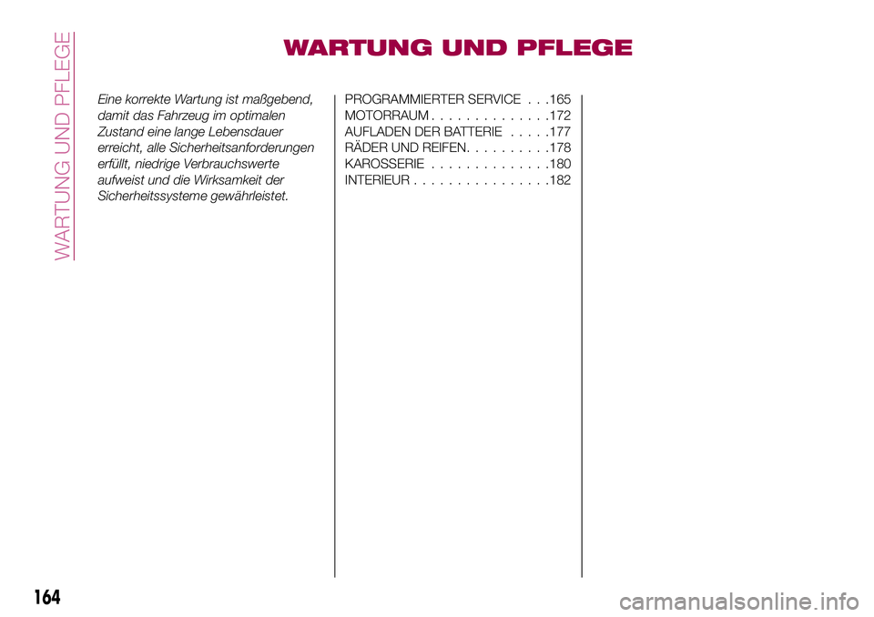 FIAT 124 SPIDER 2018 Betriebsanleitung (in German) WARTUNG UND PFLEGE
Eine korrekte Wartung ist maßgebend,
damit das Fahrzeug im optimalen
Zustand eine lange Lebensdauer
erreicht, alle Sicherheitsanforderungen
erfüllt, niedrige Verbrauchswerte
aufwe FIAT 124 SPIDER 2018 Betriebsanleitung (in German) WARTUNG UND PFLEGE
Eine korrekte Wartung ist maßgebend,
damit das Fahrzeug im optimalen
Zustand eine lange Lebensdauer
erreicht, alle Sicherheitsanforderungen
erfüllt, niedrige Verbrauchswerte
aufwe