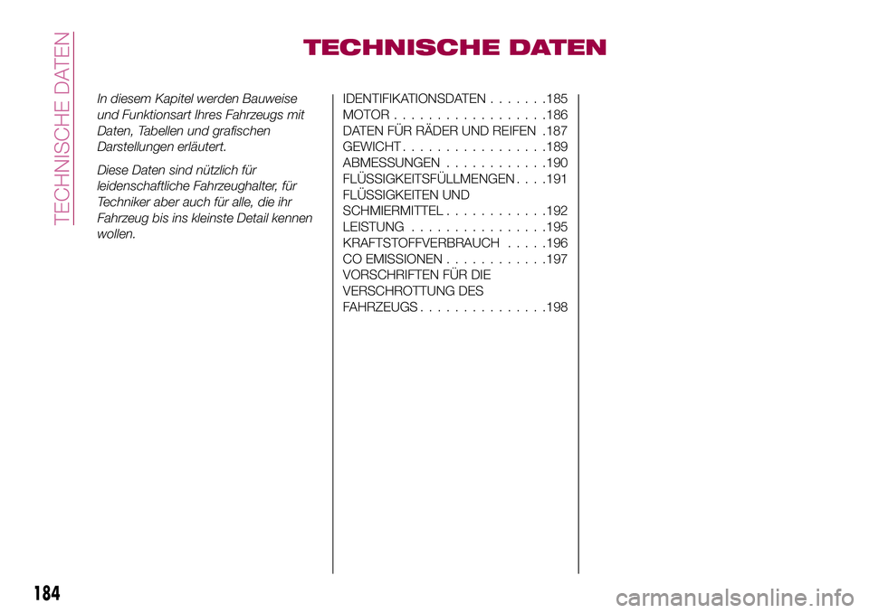 FIAT 124 SPIDER 2018  Betriebsanleitung (in German) TECHNISCHE DATEN
In diesem Kapitel werden Bauweise
und Funktionsart Ihres Fahrzeugs mit
Daten, Tabellen und grafischen
Darstellungen erläutert.
Diese Daten sind nützlich für
leidenschaftliche Fahrz