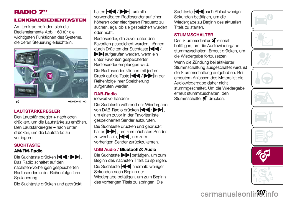 FIAT 124 SPIDER 2018  Betriebsanleitung (in German) RADIO 7”
LENKRADBEDIENTASTEN
Am Lenkrad befinden sich die
Bedienelemente Abb. 160 für die
wichtigsten Funktionen des Systems,
die deren Steuerung erleichtern.
LAUTSTÄRKEREGLER
Den Lautstärkeregle