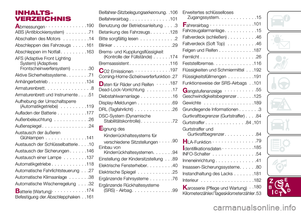 FIAT 124 SPIDER 2018 Betriebsanleitung (in German) INHALTS-
VERZEICHNIS
Abmessungen..............190
ABS (Antiblockiersystem)........71
Abschalten des Motors.........14
Abschleppen des Fahrzeugs.....161
Abschleppen im Notfall.........163
AFS (Adaptive FIAT 124 SPIDER 2018 Betriebsanleitung (in German) INHALTS-
VERZEICHNIS
Abmessungen..............190
ABS (Antiblockiersystem)........71
Abschalten des Motors.........14
Abschleppen des Fahrzeugs.....161
Abschleppen im Notfall.........163
AFS (Adaptive