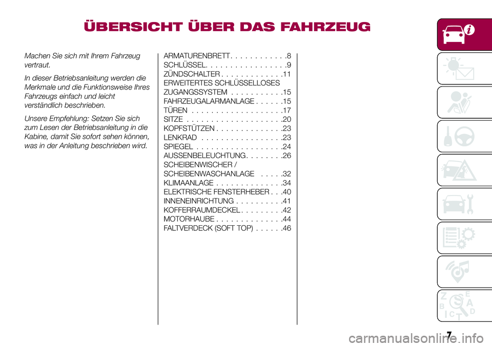 FIAT 124 SPIDER 2018 Betriebsanleitung (in German) ÜBERSICHT ÜBER DAS FAHRZEUG
Machen Sie sich mit Ihrem Fahrzeug
vertraut.
In dieser Betriebsanleitung werden die
Merkmale und die Funktionsweise Ihres
Fahrzeugs einfach und leicht
verständlich besch FIAT 124 SPIDER 2018 Betriebsanleitung (in German) ÜBERSICHT ÜBER DAS FAHRZEUG
Machen Sie sich mit Ihrem Fahrzeug
vertraut.
In dieser Betriebsanleitung werden die
Merkmale und die Funktionsweise Ihres
Fahrzeugs einfach und leicht
verständlich besch